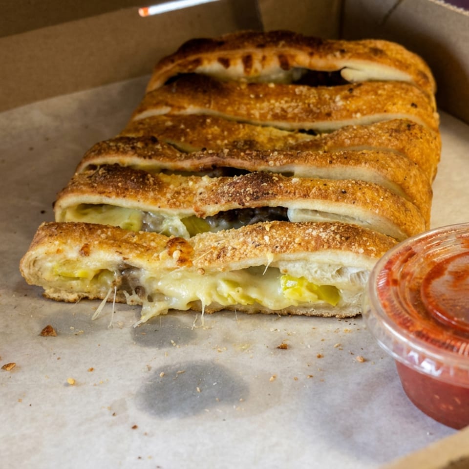 Sliced toasted sandwiches filled with melted cheese and vegetables sit in a cardboard box beside a cup of red dipping sauce.