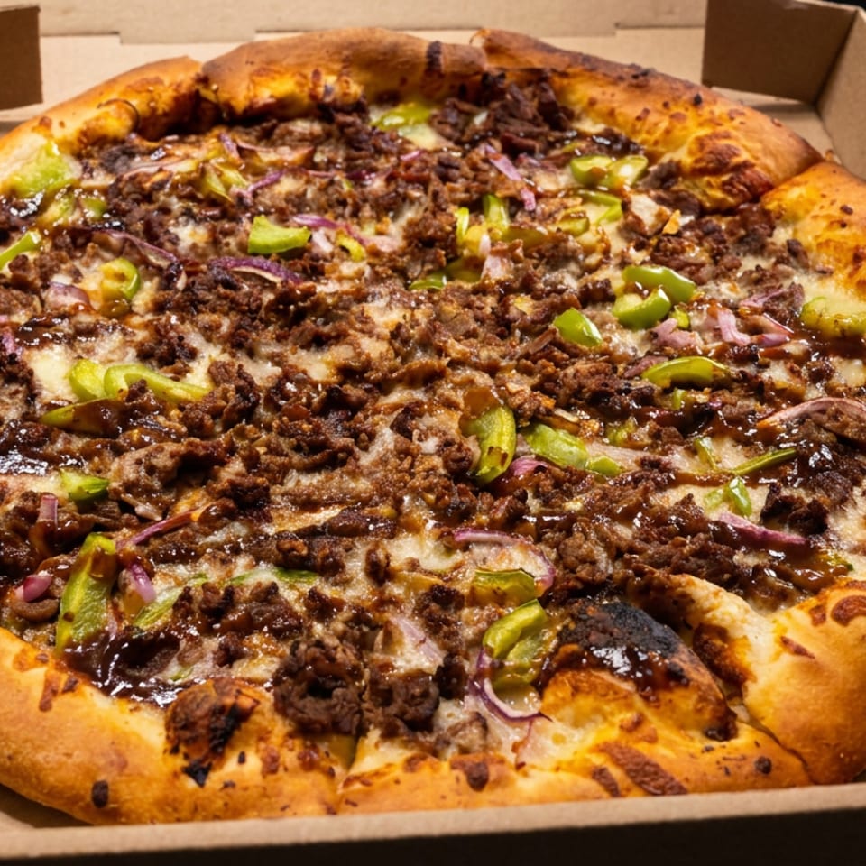 A loaded pizza with ground meat, green peppers, red onions, cheese, and barbecue sauce in a cardboard delivery box.