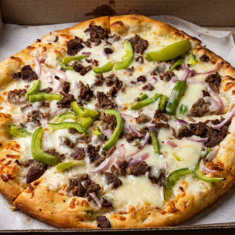 Cheese pizza topped with ground beef, green peppers, and red onions in an open cardboard delivery box.