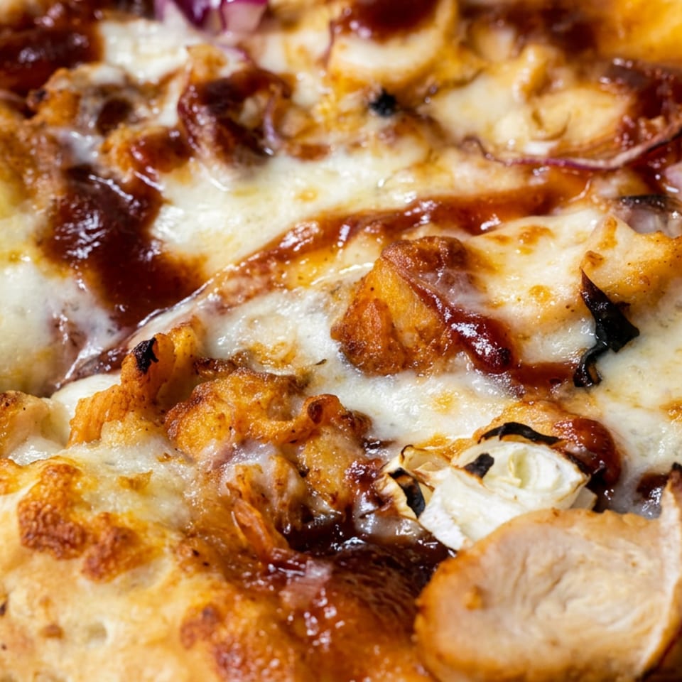Close-up of a golden, cheese-covered pizza topped with grilled chicken, caramelized onions, mushrooms, and barbecue sauce.