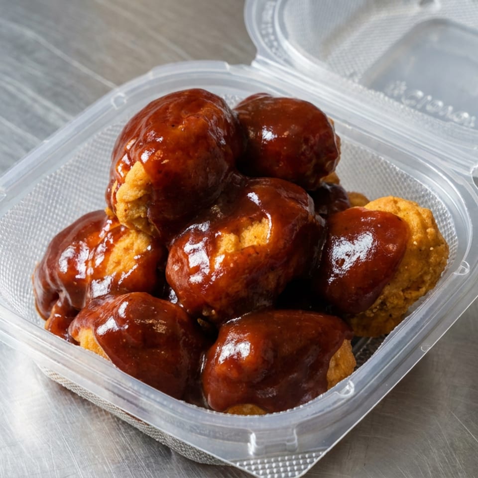 Clear takeout container filled with golden fried bites coated in glossy dark barbecue sauce on a stainless steel counter.