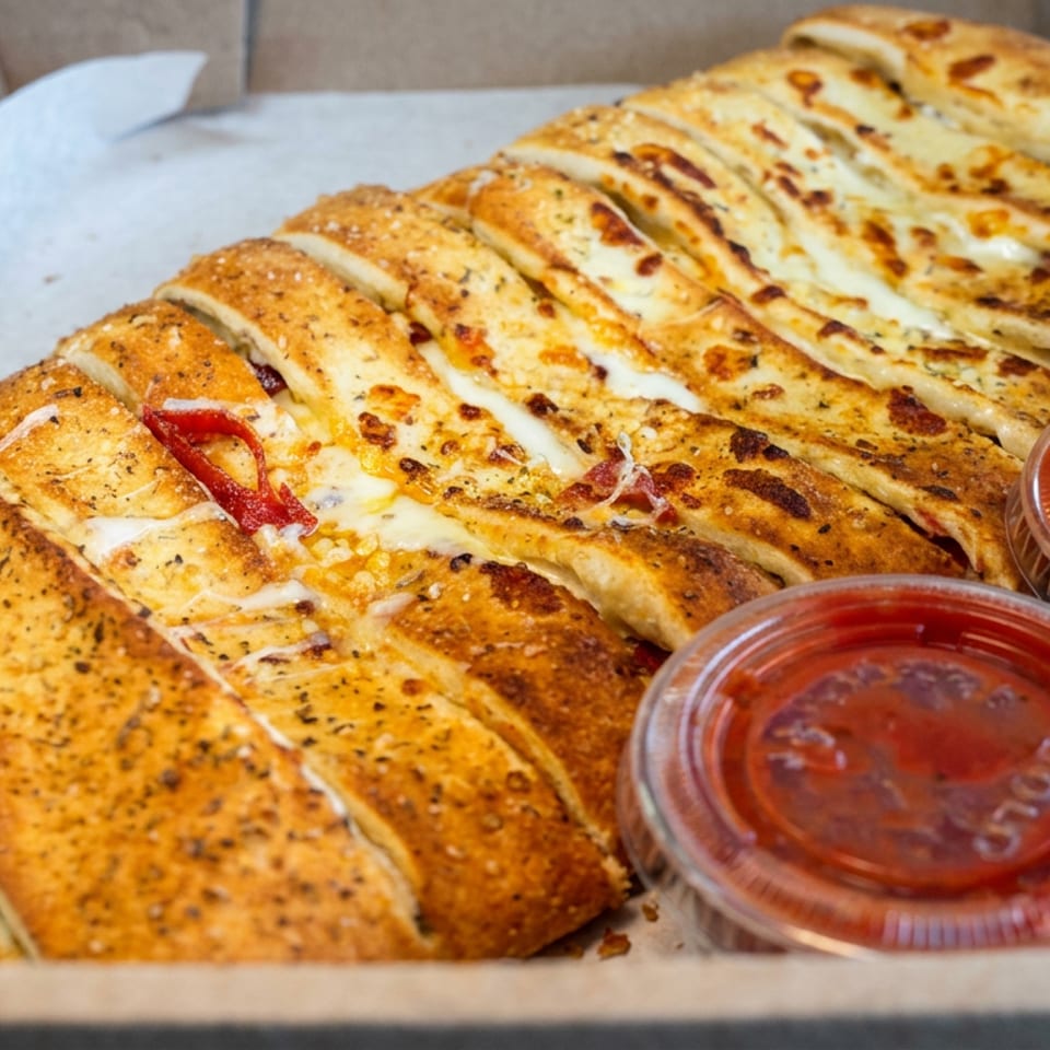 Sliced, herb-seasoned cheesy bread with peppers sits in a cardboard box beside two containers of red dipping sauce.