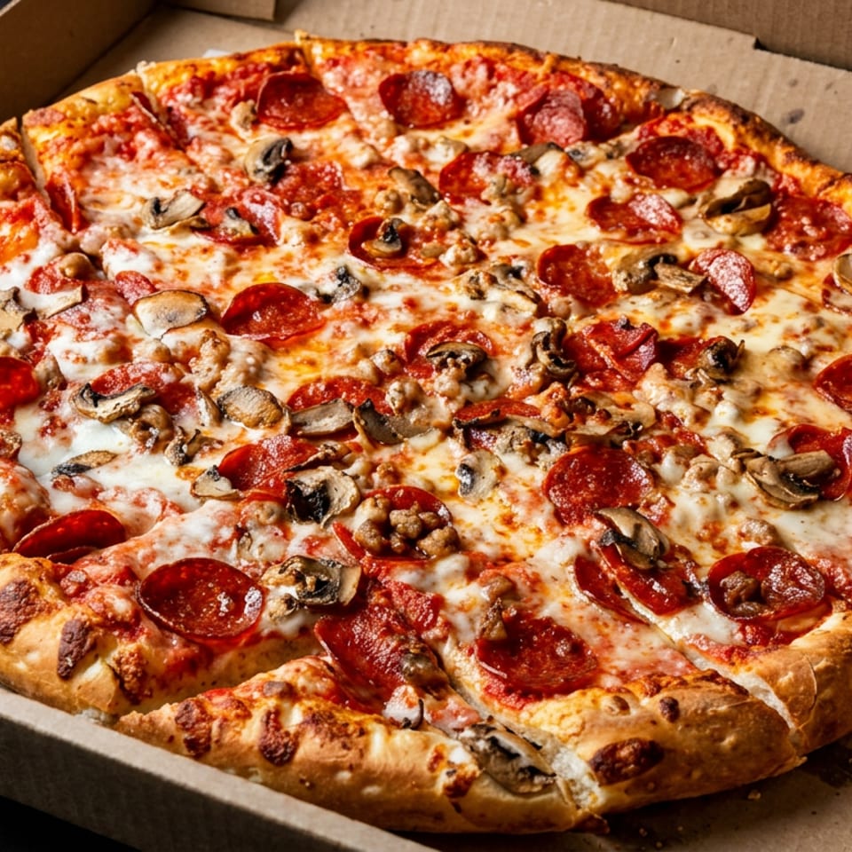 Large pepperoni, mushroom, and sausage pizza with melted cheese in an open cardboard delivery box.