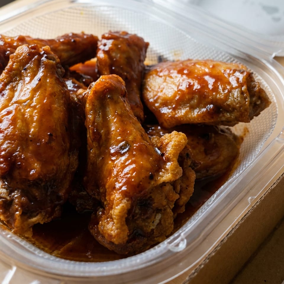Glazed fried chicken pieces arranged in a clear takeout container on a wooden table.