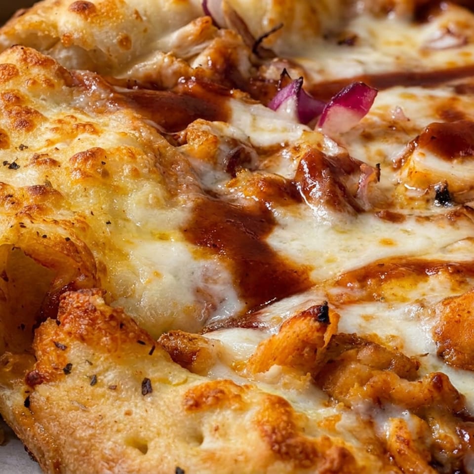 Close-up of a golden, thick-crust pizza topped with melted cheese, barbecue sauce, chicken, mushrooms, and red onion.